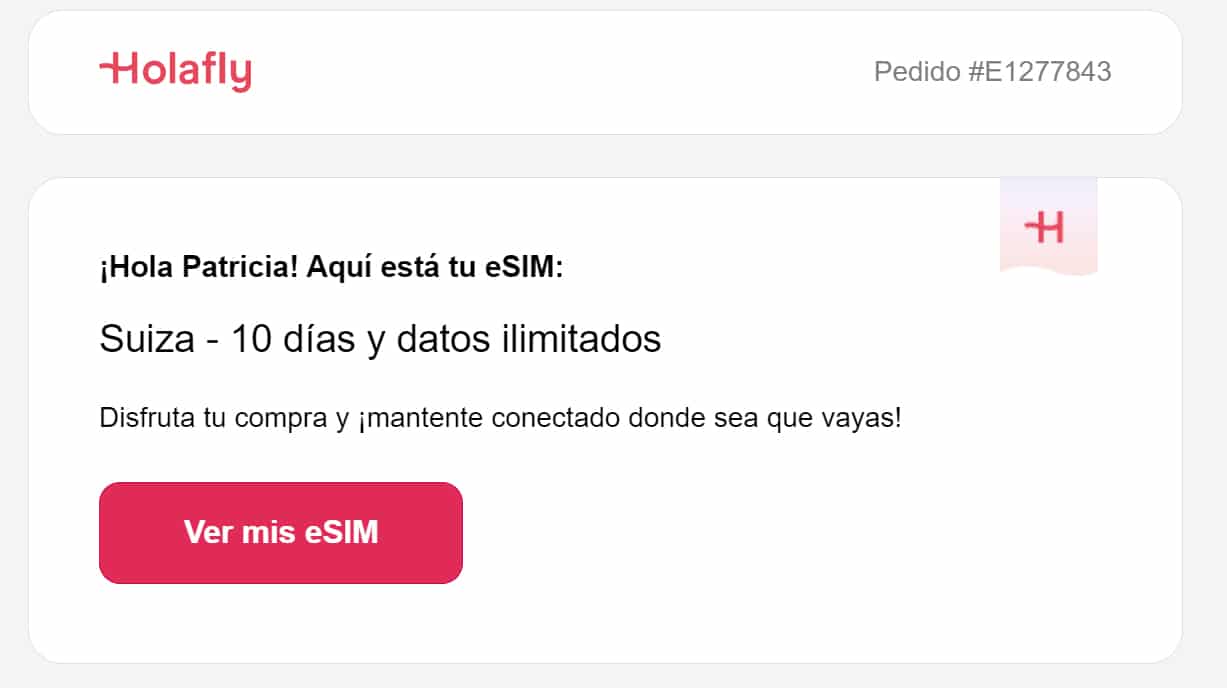email de confirmación de compra de la tarjeta esim suiza hola fly