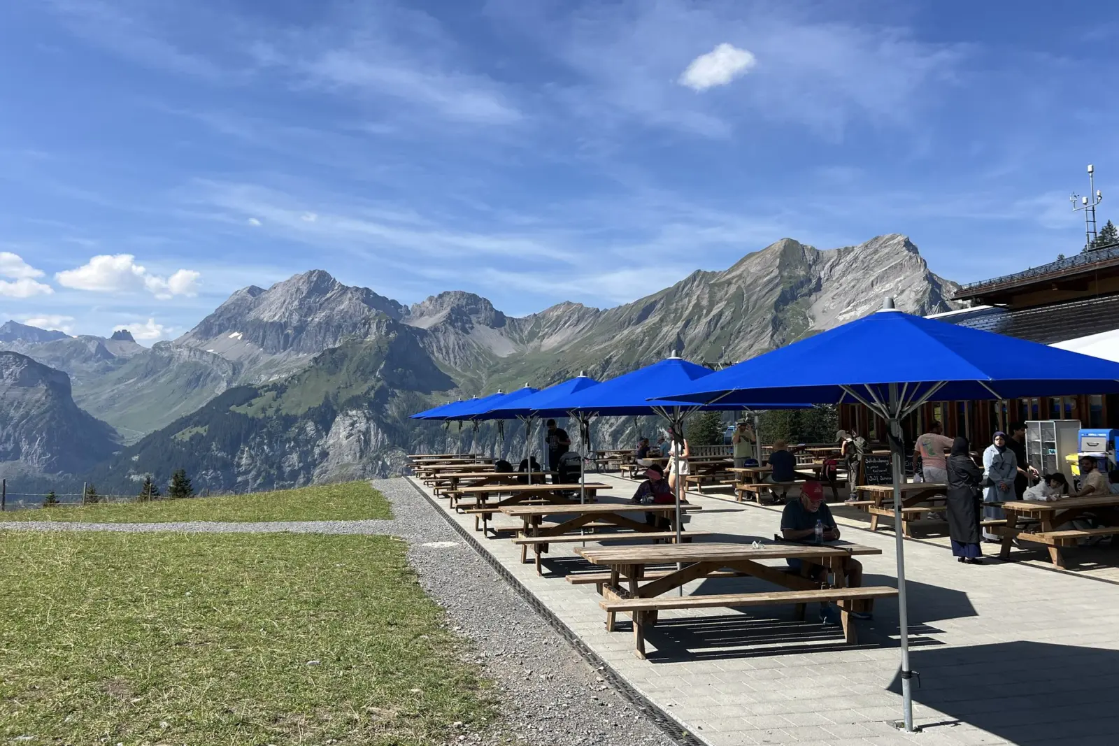 Terraza con mesas y sombrillas azules en la zona del Oeschinensee